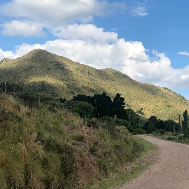 A grassy mountain beside a gravel road in the sierras of Córdoba.